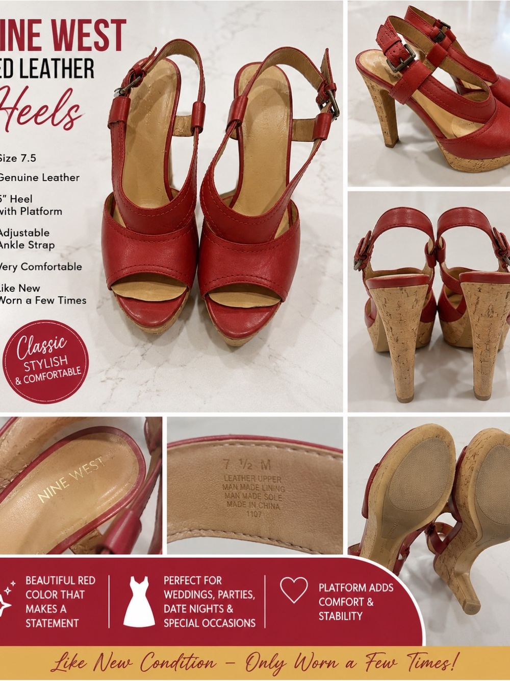 Nine West Red Leather Platform Slingback Sandals